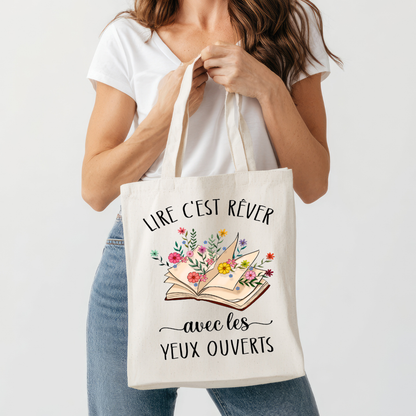 Sac fourre-tout en toile pour amoureux de lecture, design livre floral et citation inspirante français et anglais