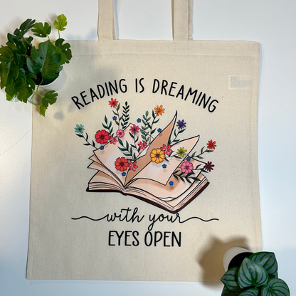 Tote bag en coton 100 % naturel de 15 x 16 pouces pour amoureux de lecture, design livre floral et citation inspirante en Français et anglais