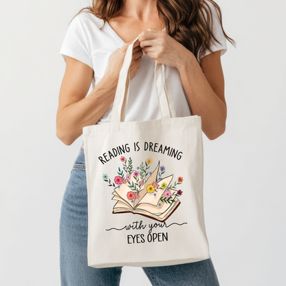 Tote bag en coton 100 % naturel de 15 x 16 pouces pour amoureux de lecture, design livre floral et citation inspirante en version anglais