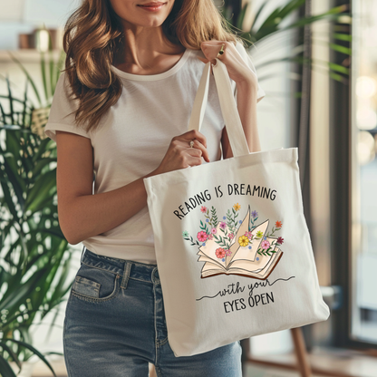 Tote bag en coton 100 % naturel de 15 x 16 pouces pour amoureux de lecture, design livre floral et citation inspirante en anglais