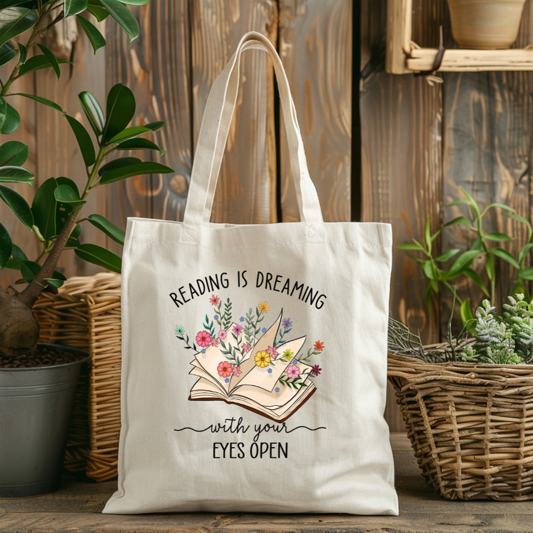 Tote bag en coton 100 % naturel de 15 x 16 pouces pour amoureux de lecture, design livre floral et citation inspirante en  anglais