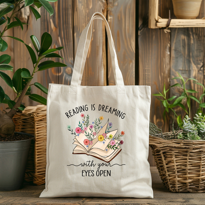 Tote bag en coton 100 % naturel de 15 x 16 pouces pour amoureux de lecture, design livre floral et citation inspirante en  anglais