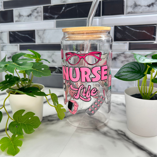 Verre libbey avec couvercle de bambou, paille en verre orné d'un design ''nurselife''