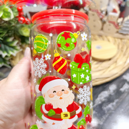 Verre Libbey 16 oz de Noël avec design du Père Noël et décor festif, double impression UVDTF, couvercles rouge acrylique et bambou inclus. Boutik Mains Créatives
