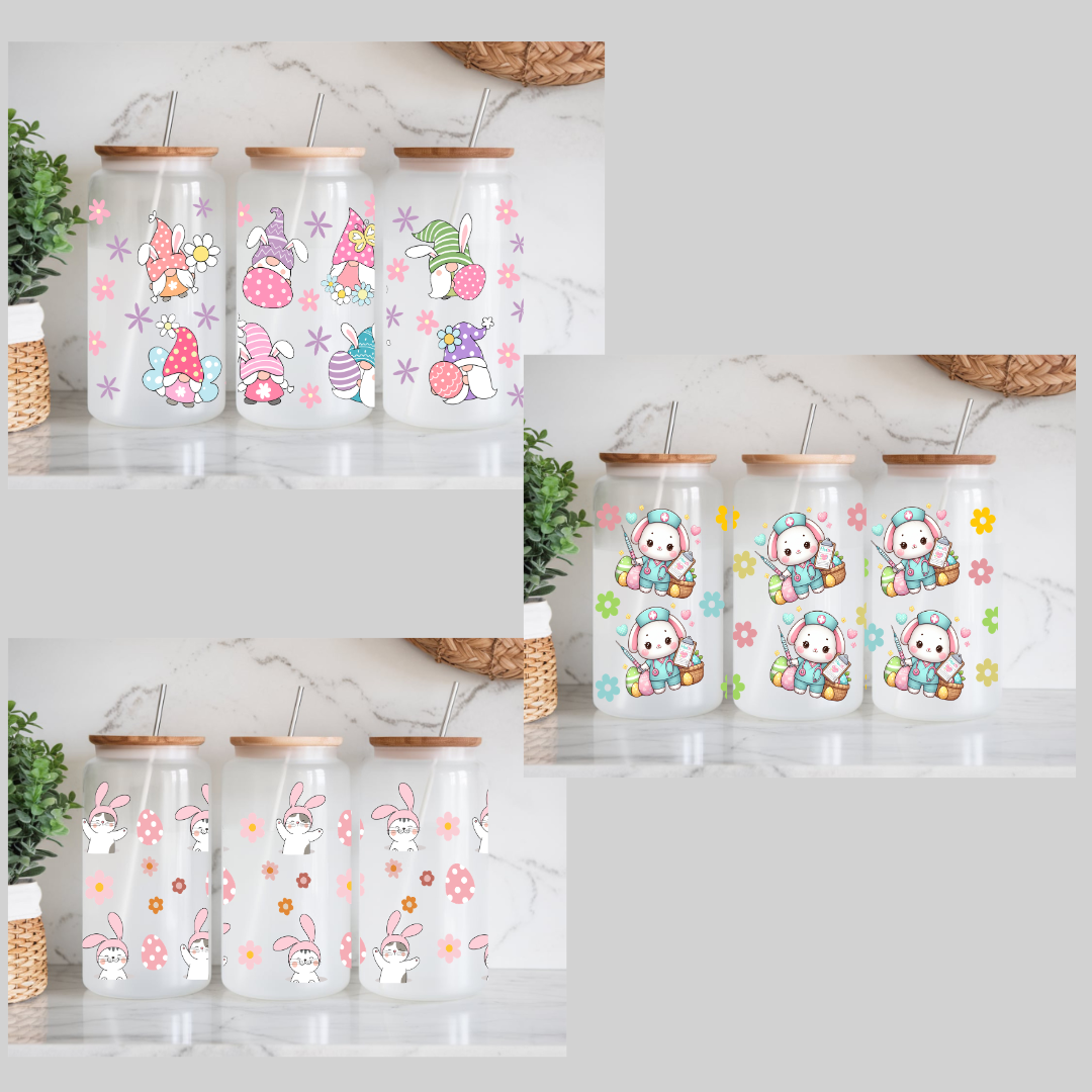 Libbey Can Style Coffee Glass 16 oz Easter with gnomes, cat or bunny nurses.