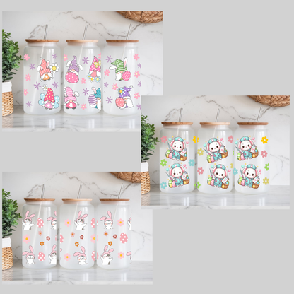 Libbey Can Style Coffee Glass 16 oz Easter with gnomes, cat or bunny nurses.