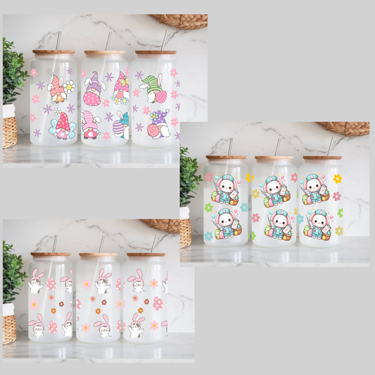 Verre à Café style Libbey can 16 oz de Pâques, design de gnomes, chats et lapin infirmière de pâques