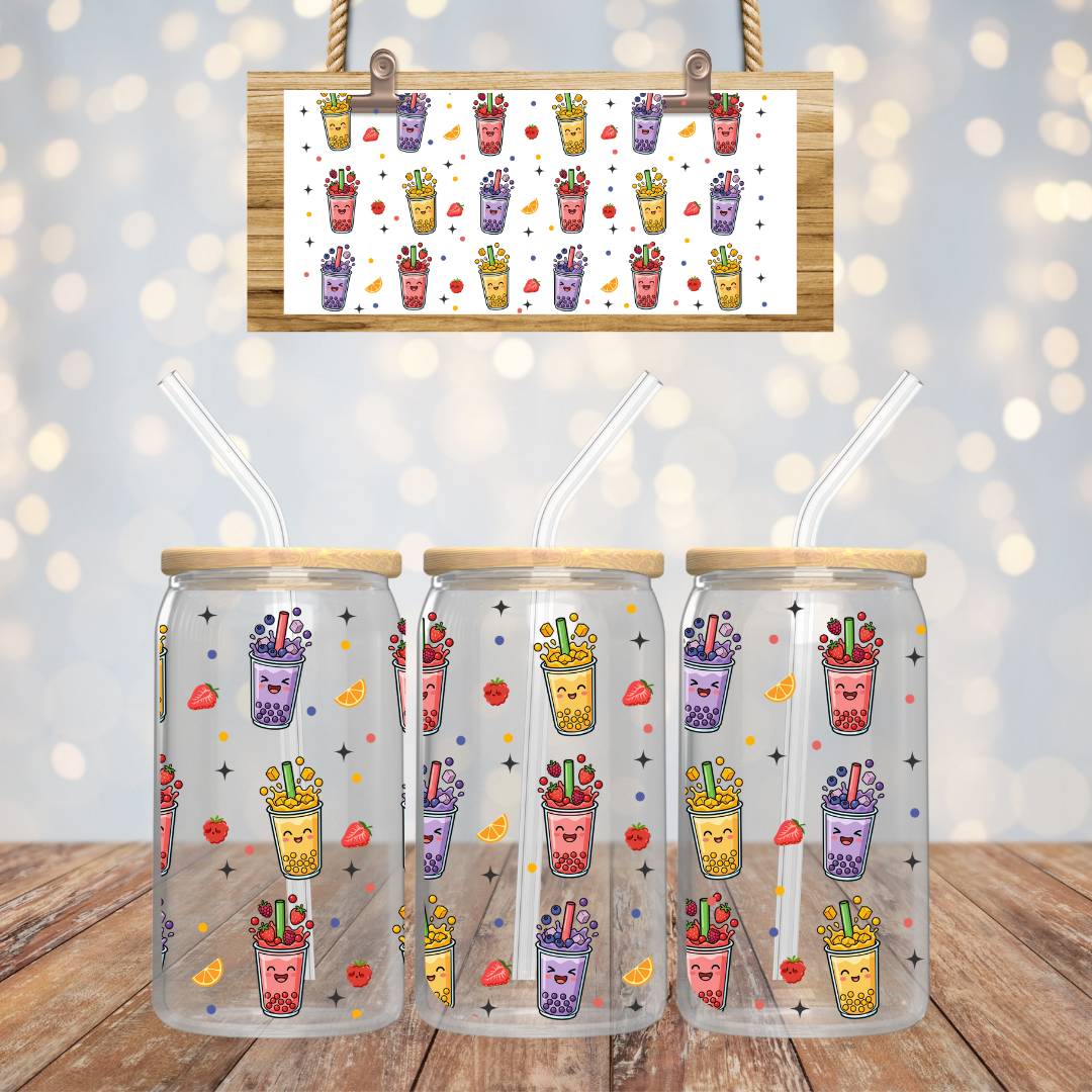 verre Libbey 16 oz montrant le motif complet de différents verres de thé à bulles colorés