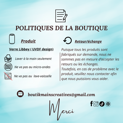 Message de politiques de retour:Puisque tous les produits sont fabriqués sur demande, nous ne sommes pas en mesure d’accepter les retours ou échanges. Toutefois, en cas de problème avec le produit, veuillez nous contacter afin que nous puissions vous aider.