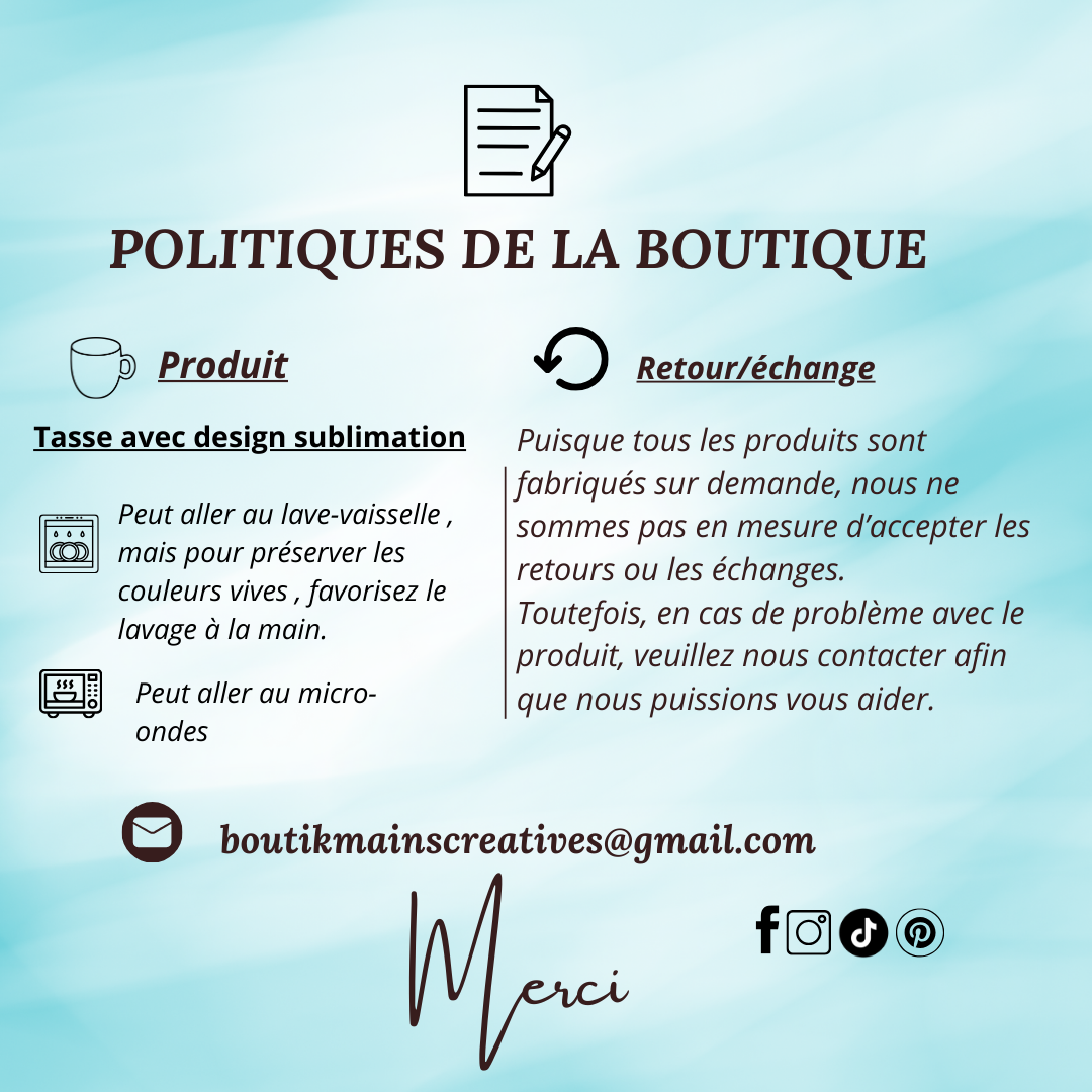 Message de politiques de retour:Puisque tous les produits sont fabriqués sur demande, nous ne sommes pas en mesure d’accepter les retours ou échanges. Toutefois, en cas de problème avec le produit, veuillez nous contacter afin que nous puissions vous aider.
