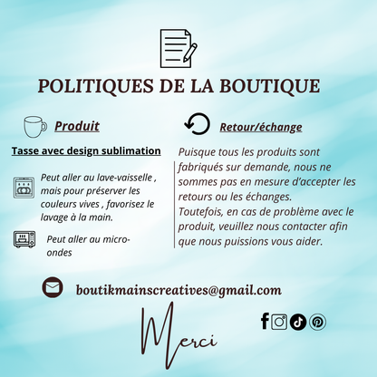 Message de politiques de retour:Puisque tous les produits sont fabriqués sur demande, nous ne sommes pas en mesure d’accepter les retours ou échanges. Toutefois, en cas de problème avec le produit, veuillez nous contacter afin que nous puissions vous aider.
