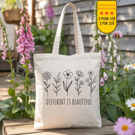 Tote bag beige en coton avec une illustration de fleurs sauvages et le texte Different is beautiful.