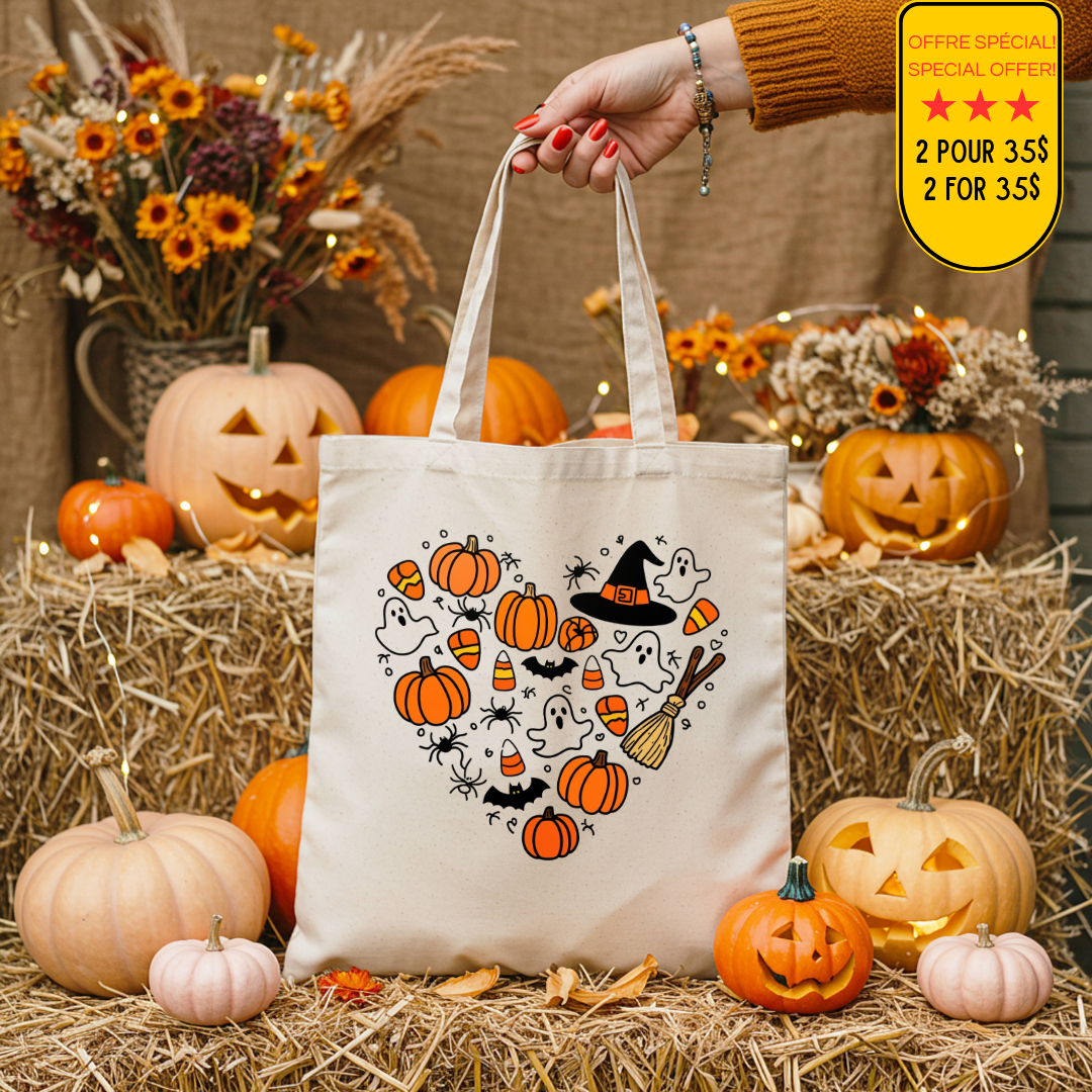 Sac fourre-tout en coton naturel avec un design de citrouille en forme de cœur ornée de fleurs colorées, parfait pour l'Halloween et l'automne.