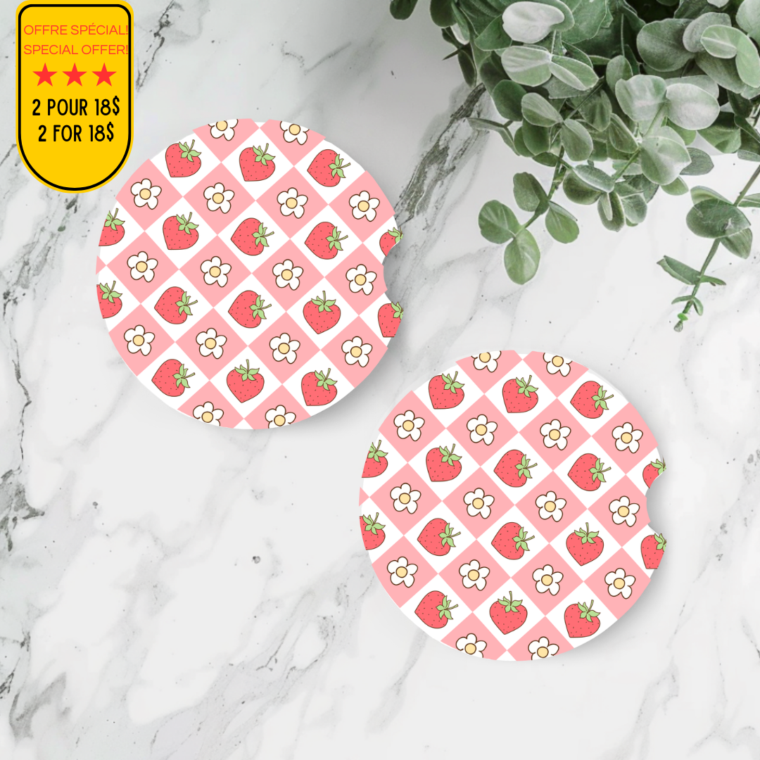 Sous-verres fraises et fleurs style rétro pour auto, accessoires pour nouvelle voiture