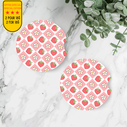Sous-verres fraises et fleurs style rétro pour auto, accessoires pour nouvelle voiture
