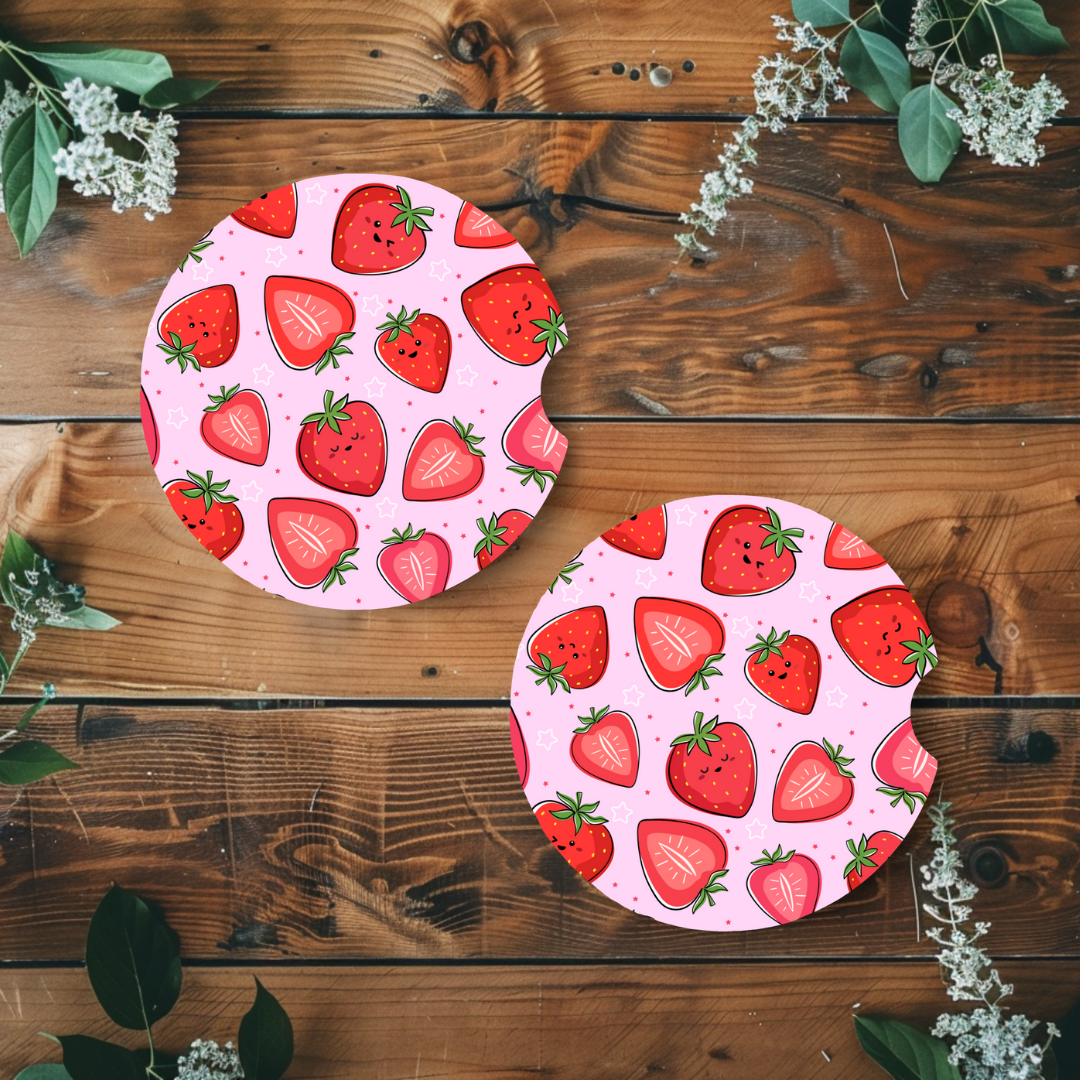 Duo de sous-verres pour voiture avec motif de fraises rouges sur fond rose pastel
