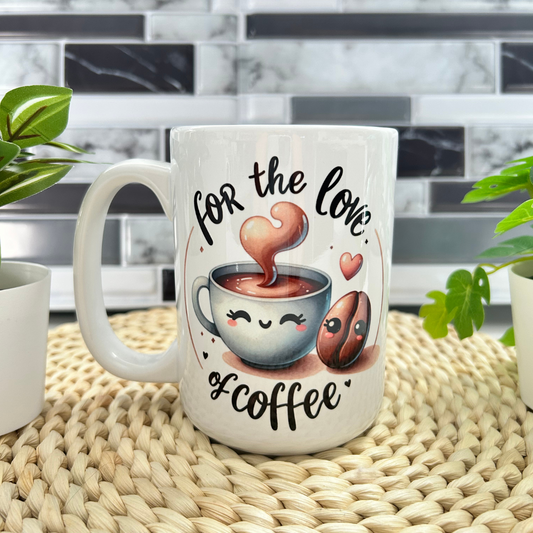 Tasse en céramique blanche de 15 oz avec un design kawaii comprenant un grain de café et une tasse souriante, des petits cœurs et l'inscription "For the love of coffee" .