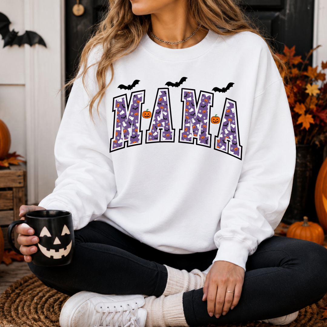 Sweatshirt blanc unisexe orné de l'inscription Rétro Mama avec motifs d'Halloween.