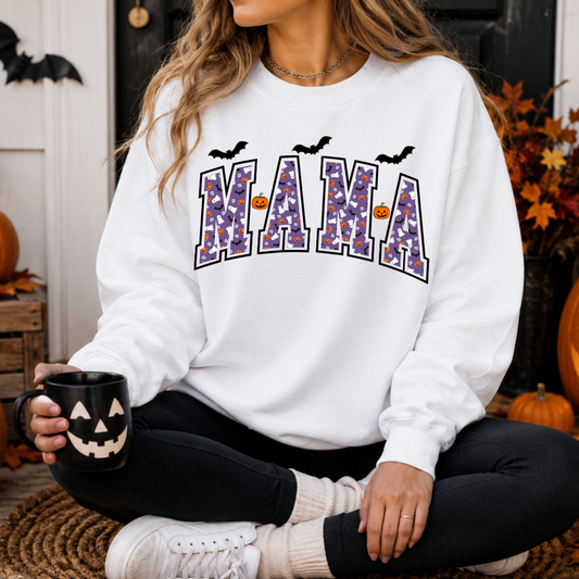 Sweatshirt blanc unisexe orné de l'inscription Rétro Mama avec motifs d'Halloween.