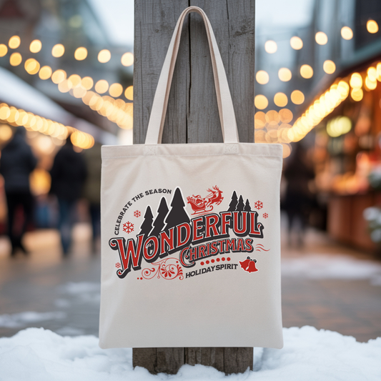 Tote bag 15 x 16 pouces en coton naturel avec design rétro rouge et noir “Wonderful Christmas''.