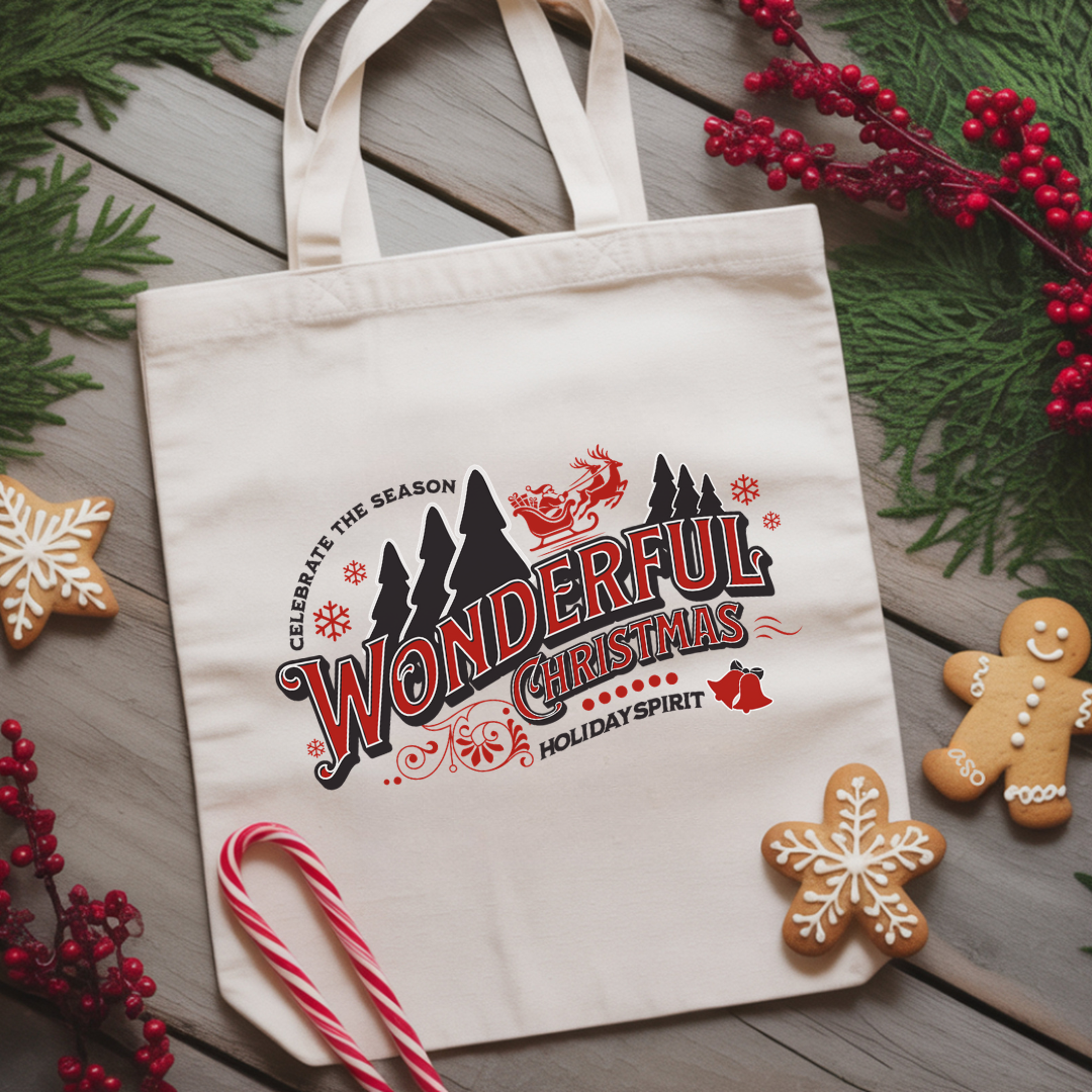 Tote bag 15 x 16 pouces en coton naturel avec design rétro rouge et noir “Wonderful Christmas''.