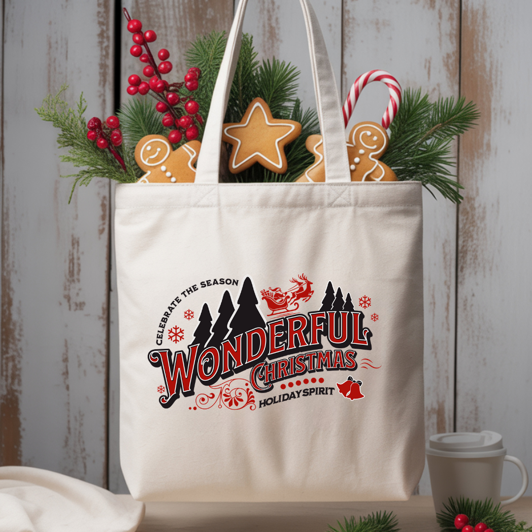 Tote bag 15 x 16 pouces en coton naturel avec design rétro rouge et noir “Wonderful Christmas''.