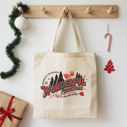 Tote bag 15 x 16 pouces en coton naturel avec design rétro rouge et noir “Wonderful Christmas''.