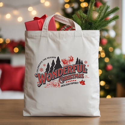 Tote bag 15 x 16 pouces en coton naturel avec design rétro rouge et noir “Wonderful Christmas''.