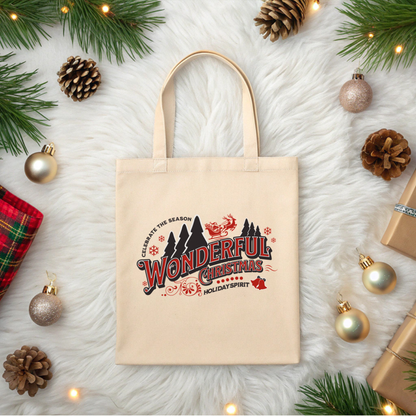 Tote bag 15 x 16 pouces en coton naturel avec design rétro rouge et noir “Wonderful Christmas''.